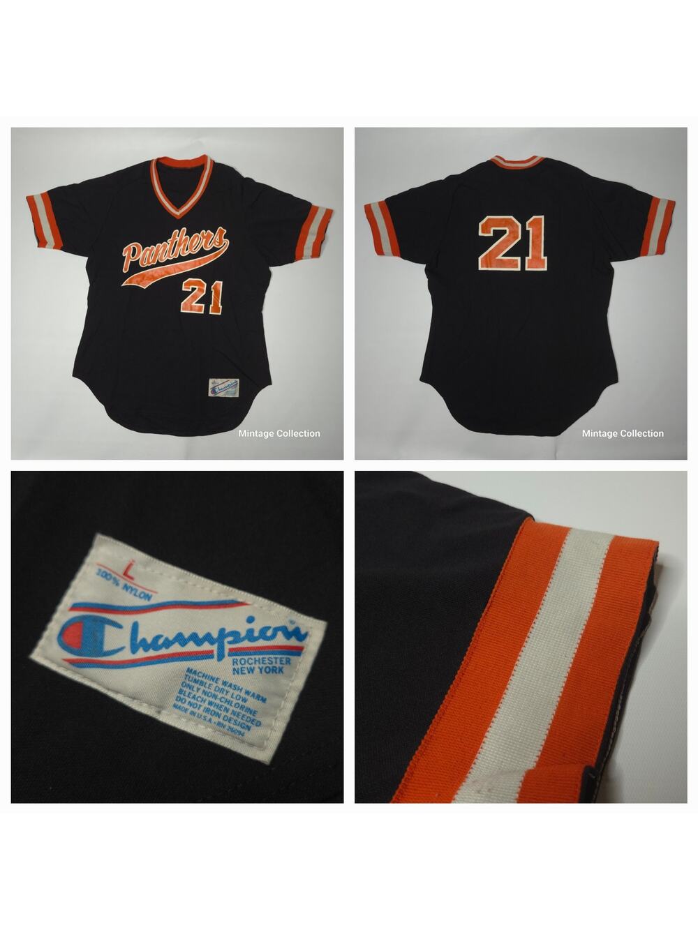 VINTAGE 1980's CHAMPION BLACK ORANGE PANTHERS #21 V-NECK BASEBALL JERSEY SIZE L